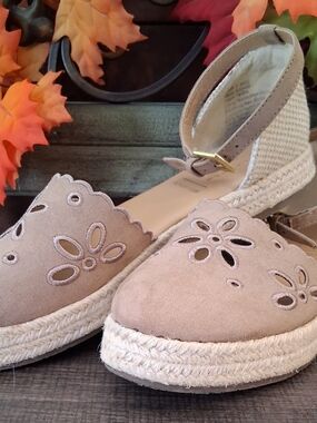 Lauren Conrad Taupe Suede Espadrille Wedges with Ankle Strap